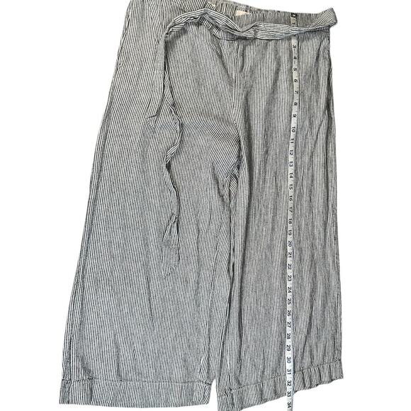 LOFT Outlet Linen Blend Wide Leg Crop Pants Large Blue White Stripe Tie Waist - Picture 7 of 10